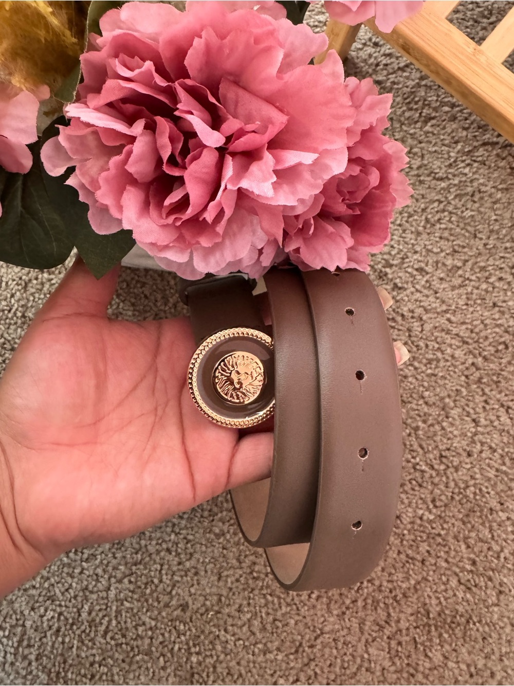 Vince Camuto Taupe Leather Belt with Gold Medallion Buckle